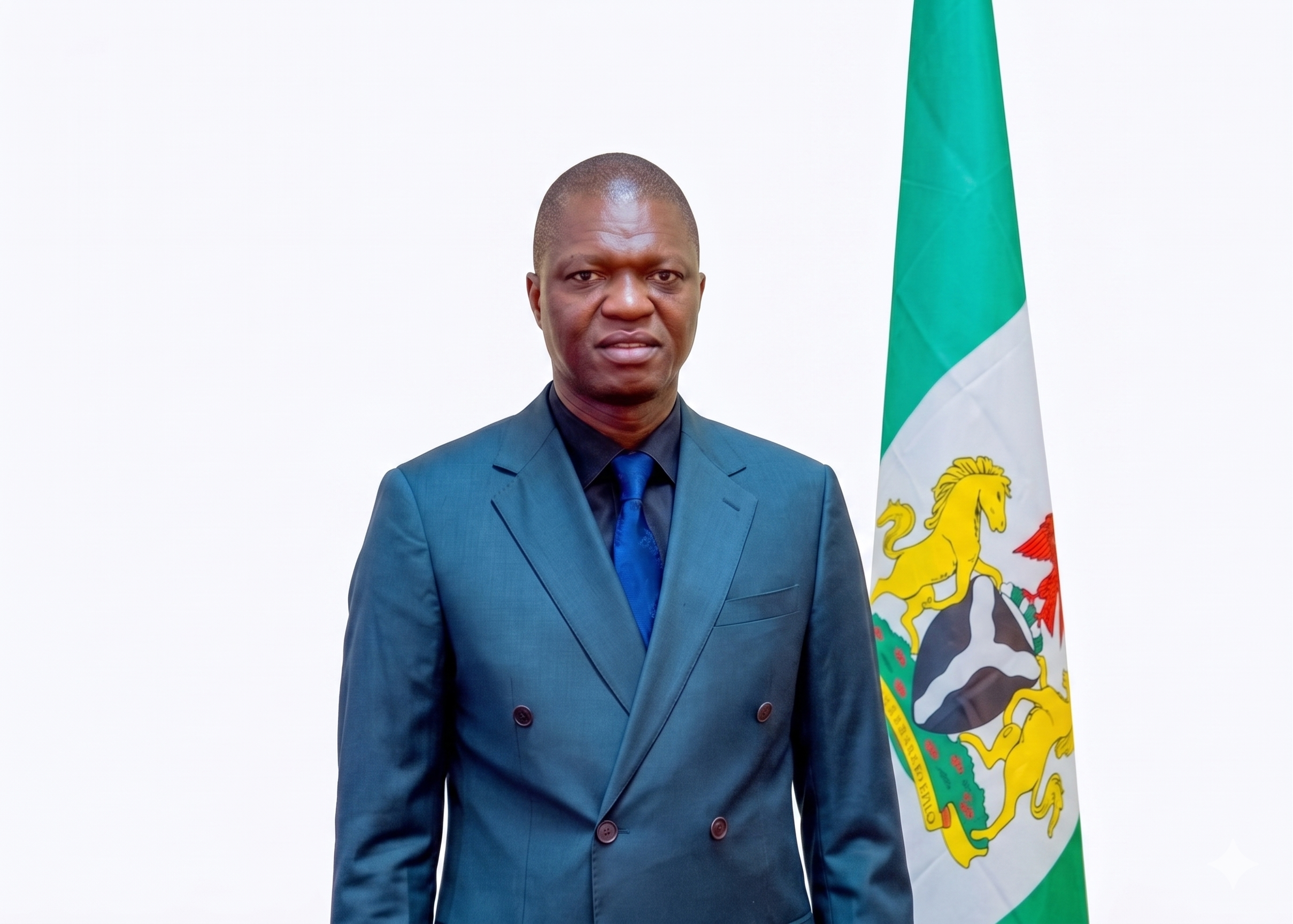 Picture of Governor Nwifuru standing with the Nigerian flag at the background